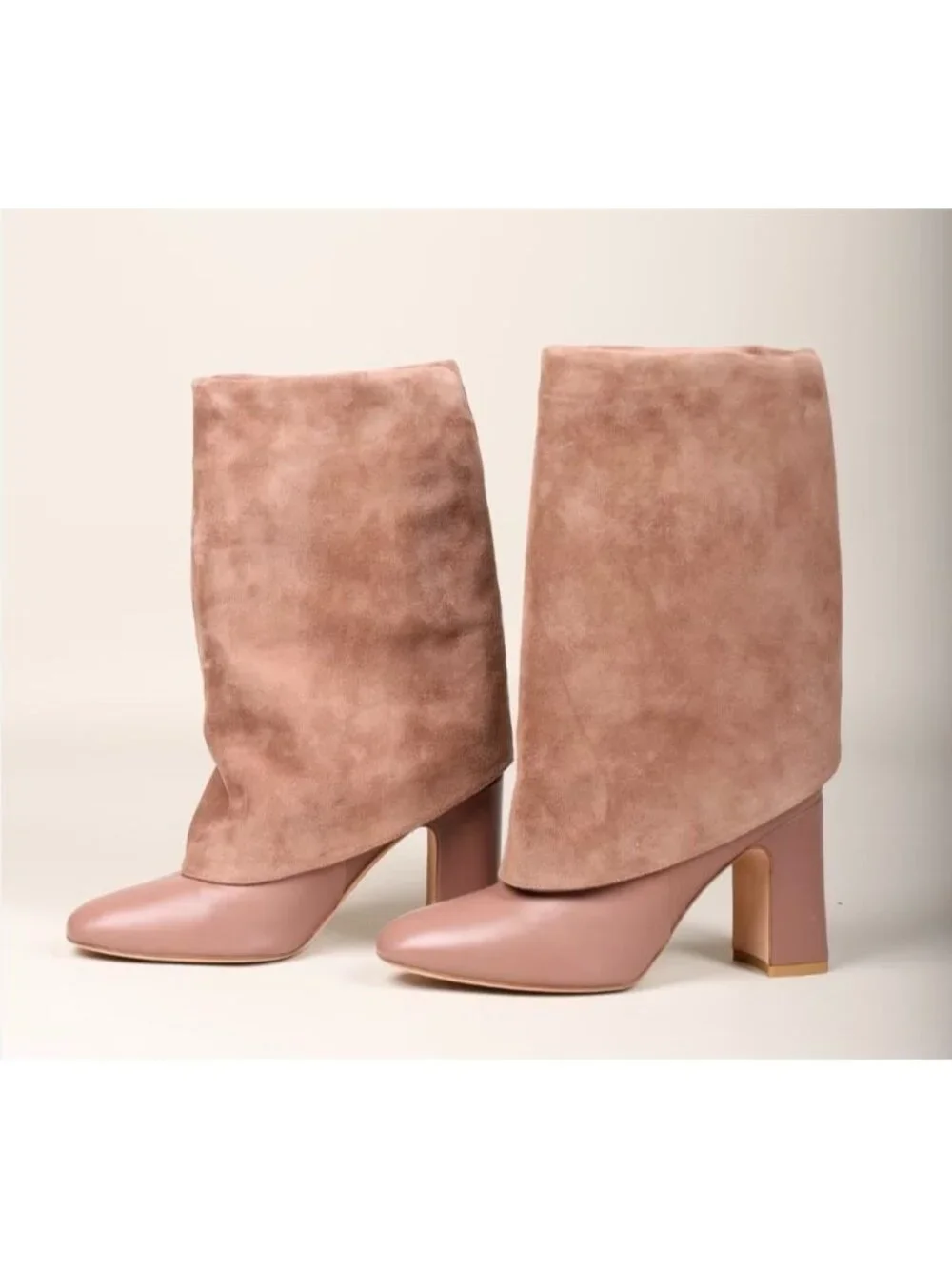 Stuart Weitzman Brown Leather Suede Cuff Knee High Boots Block Heel Size 9 Spain